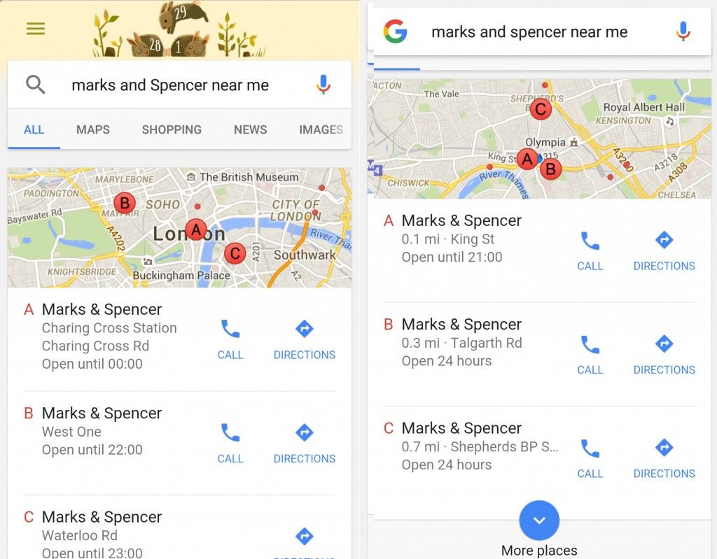 Two mobile screenshots side by side, both showing searches for "Marks and Spencer near me". The search on the left is from 29th February, as shown by the Google Doodle at the top for a leap year. Both screenshots give brief address details and opening hours of each branch, but the screenshot on the right also has distance details (e.g. 0.1 miles).