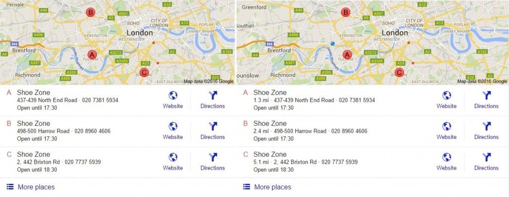 Two screenshots of the 'local map pack' in Google search results side by side, showing search results for Shoe Zone branches in London. The left hand screenshot is narrower, and contains the branch name, street address, phone number and opening hours. The screenshot on the right is wider, and each result also has distance details (e.g. 1.3 miles) as well as the other information.