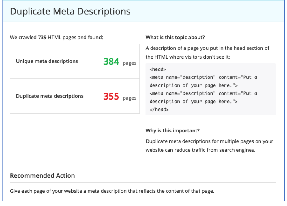 Example of resolving duplication of meta tag descriptions