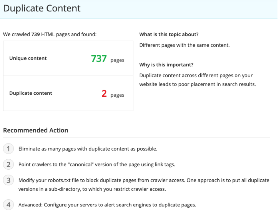 SEO audit report that helps spot and rectify duplicate content