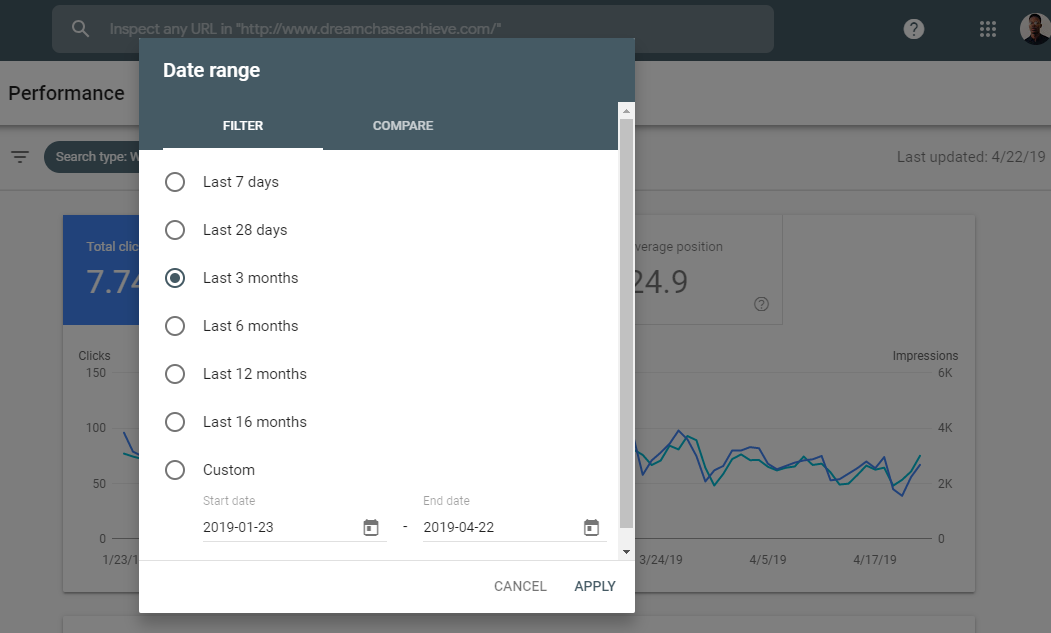 Preview of the time-frame of data available on the performance report screen of the new console