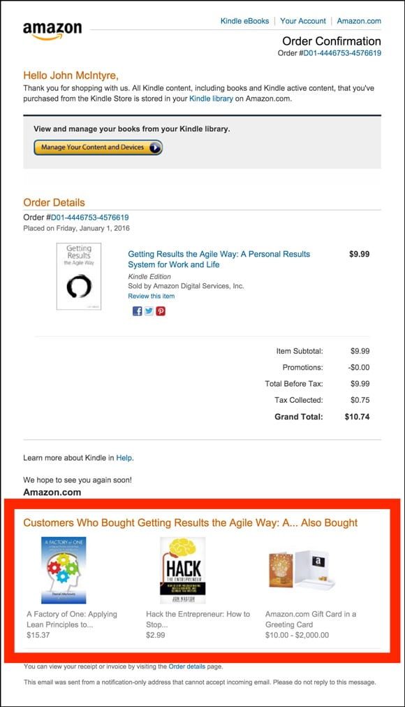 Amazon's example of using product suggestions via email marketing