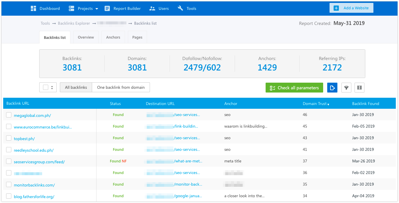 Backlink listing of SE Ranking