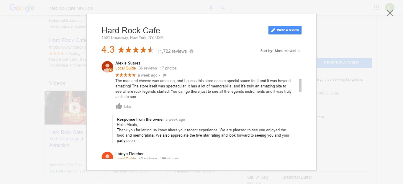 screenshot of how Hard Rock Cafe responds to positive reviews