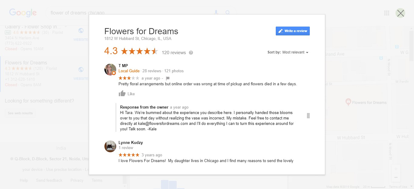 screenshot example of how Flowers for Dreams handles neutral reviews