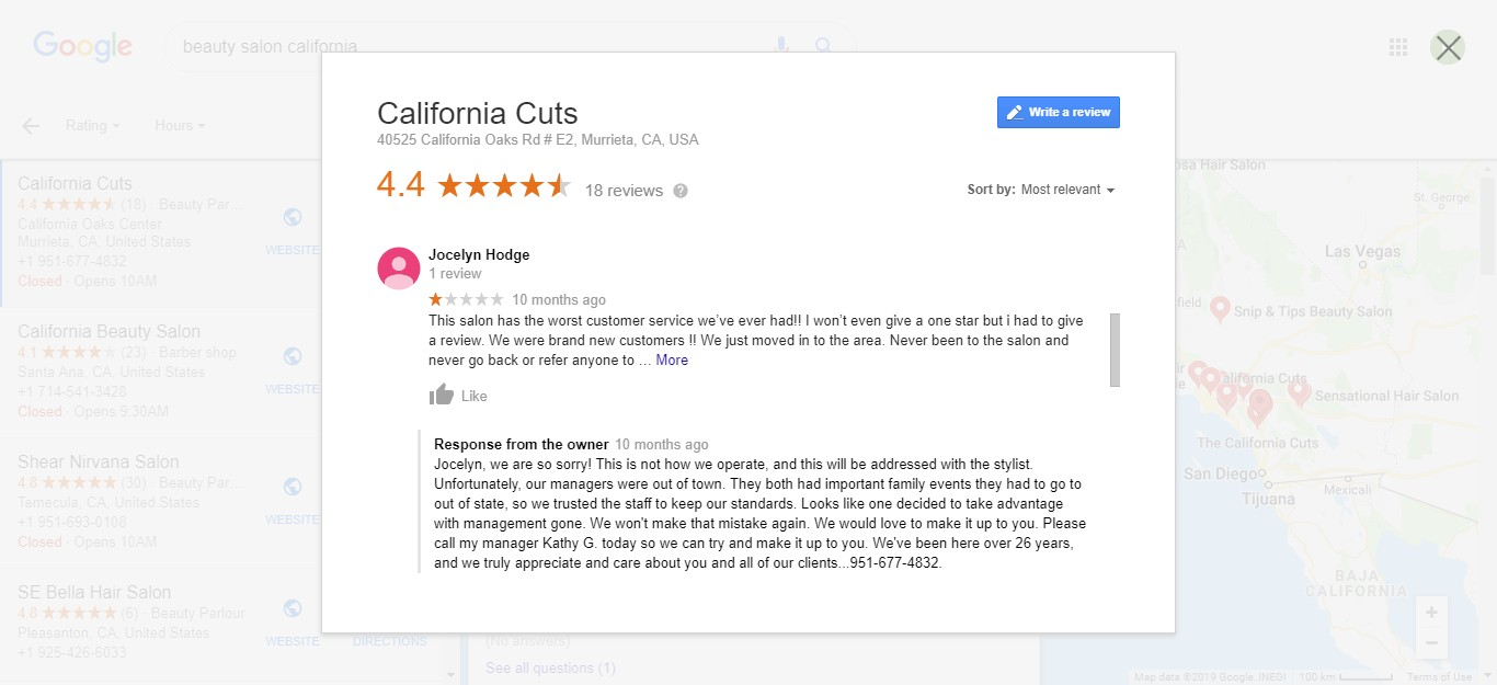 screenshot example of how California Cuts handles negative reviews