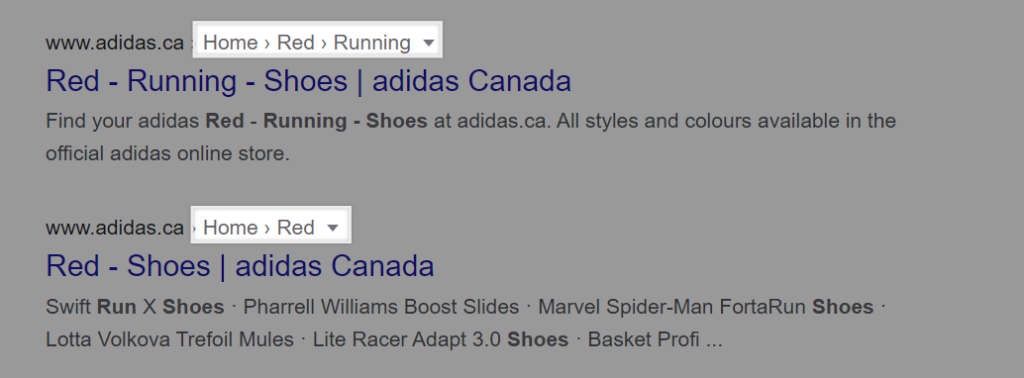 Breadcrumbs in search results