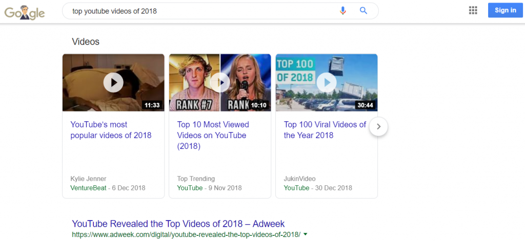 search for "top youtube videos of 2018" on desktop