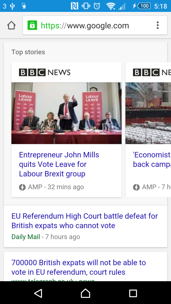 A screenshot of Google.com mobile results for "EU referendum", showing AMP-ified BBC News stories in the "top stories" carousel at the top of search results.